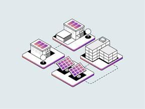Two houses with solar panels and some standalone panels, connected to an apartment block without solar panels